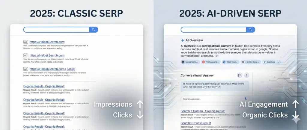 Split visual showing classic Google search results evolving into AI-powered search with generative answers.